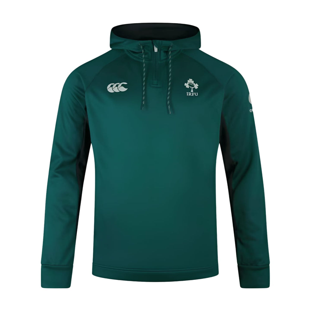Felpa rugby Irlanda verde con cappuccio e mezza zip, logo IRFU e Canterbury.