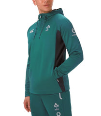 Felpa rugby Irlanda verde con zip mezza e cappuccio, logo IRFU.
