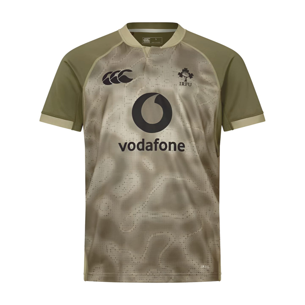 Maglia da allenamento da rugby Irlanda 2026 Vodafone in colorazione verde militare.
