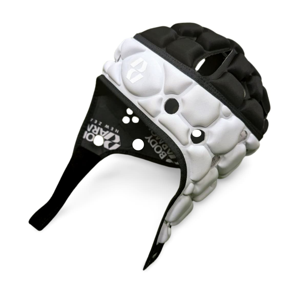 Caschetto da rugby Body Armour bianco e nero, modello Ventilator traspirante.