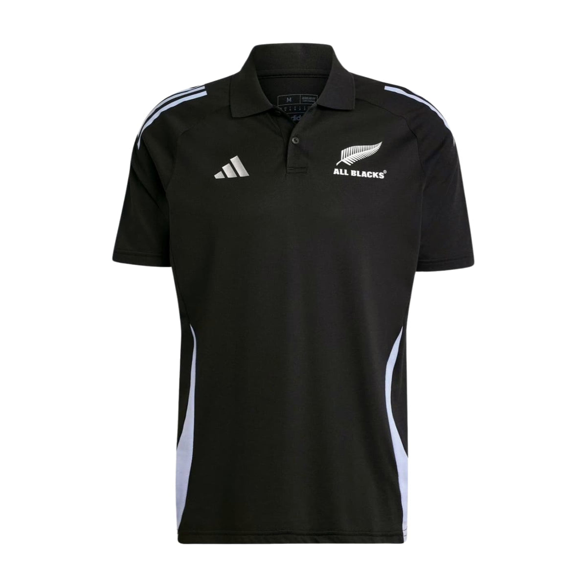 Polo da rugby nera All Blacks 2025 con logo bianco e strisce Adidas.