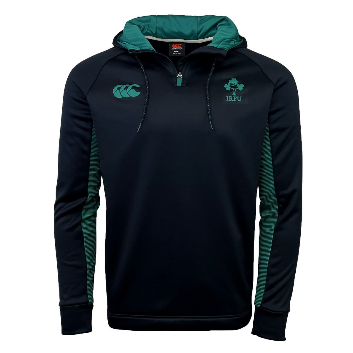 Felpa da rugby Canterbury IRFU mezza zip nera con cappuccio, logo Irlanda.