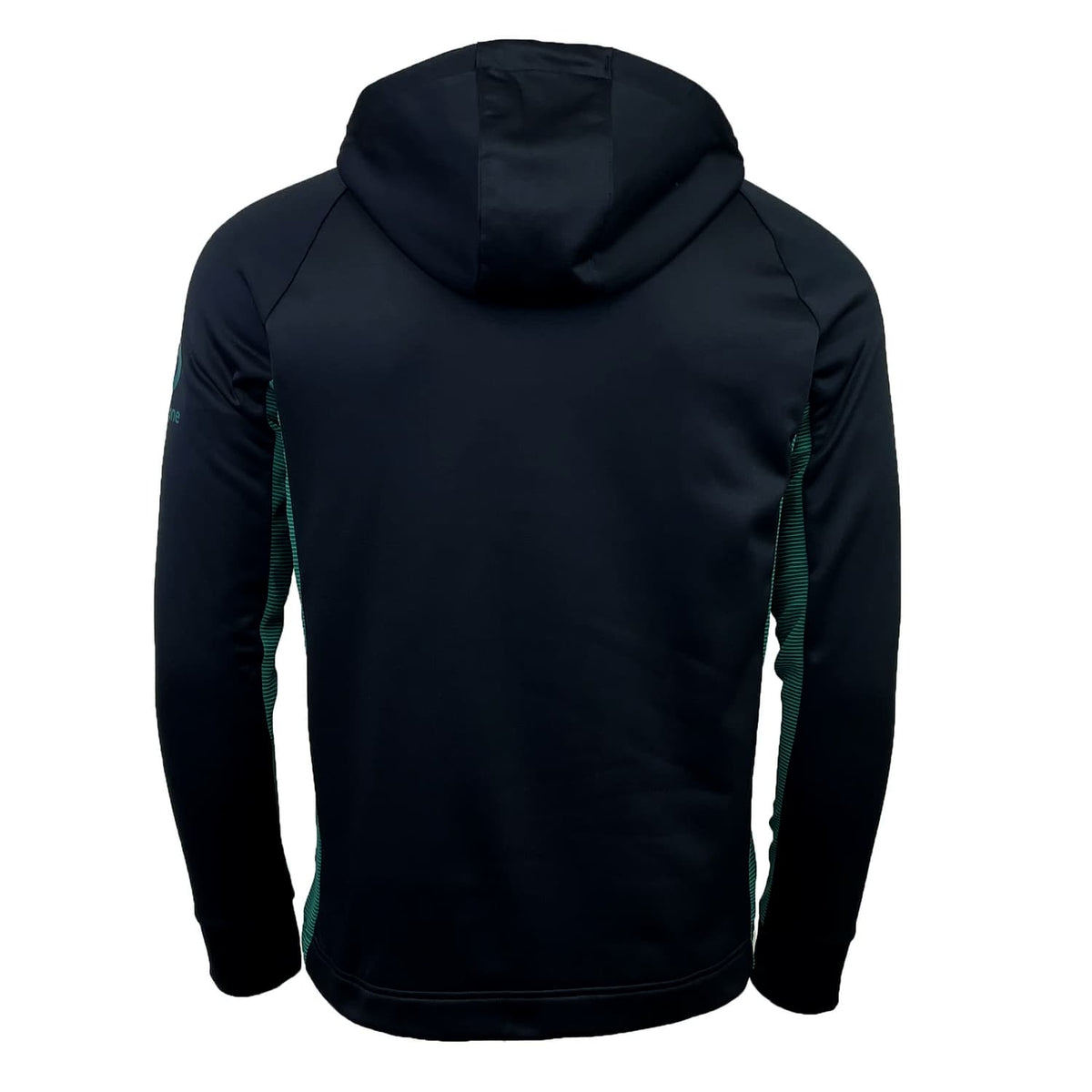 Felpa rugby Irlanda mezza zip nera con cappuccio e dettagli a righe verdi.