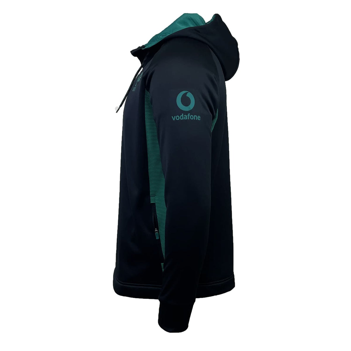 Felpa rugby Irlanda mezza zip con cappuccio, colore nero e dettagli verde Vodafone.