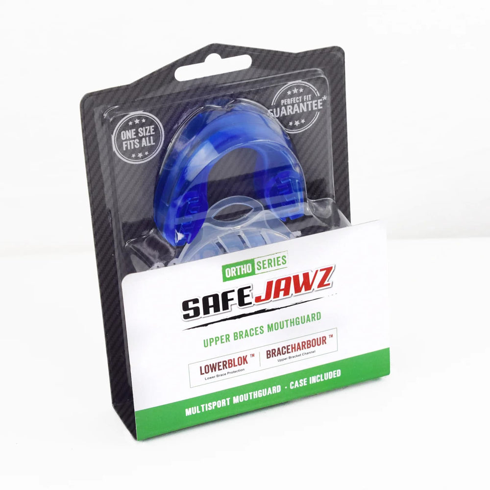 Paradenti Safejawz ORTHO blu per apparecchi ortodontici, modello multisport.