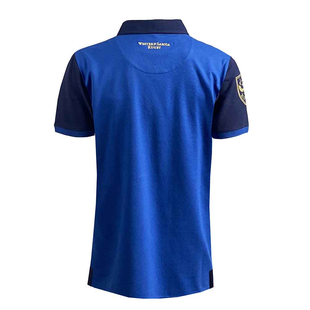 Polo rugby vintage Samoa 1991 blu con stemma ricamato, stile retro.