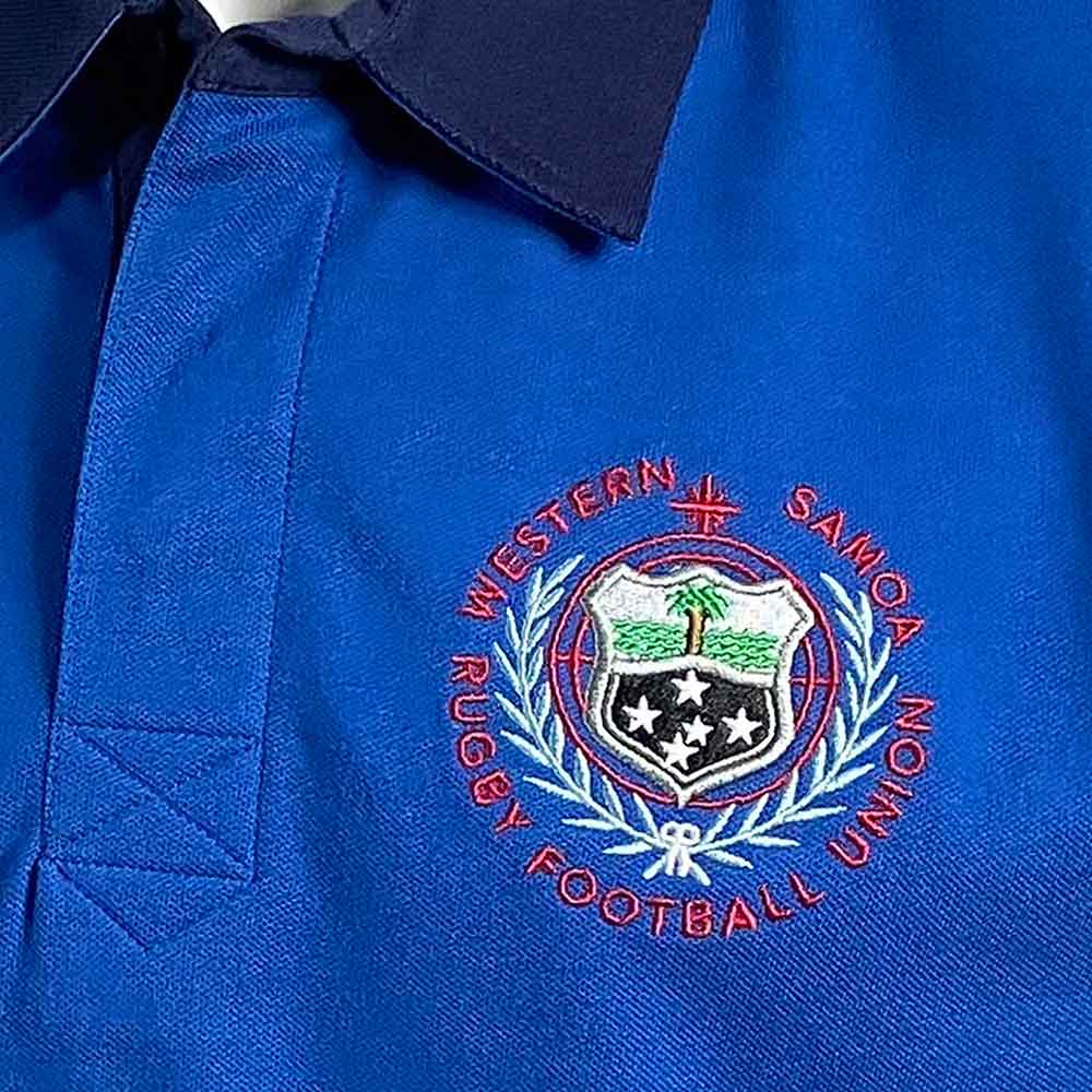 Maglia polo rugby vintage Samoa 1991 blu con stemma ricamato