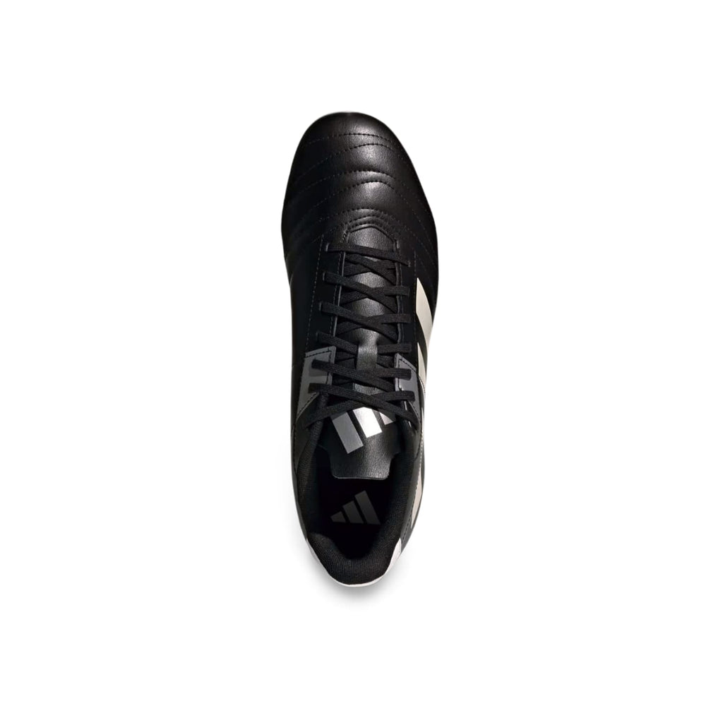 Scarpino da rugby Adidas Kakari SG nero con dettagli metallici, vista dall'alto.