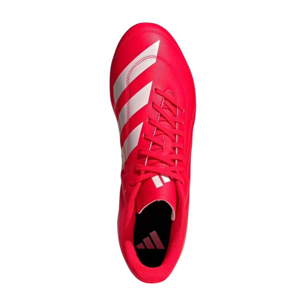 Scarpe da rugby Adidas RS15 SG Lucid Red: scarpe da calcio Adidas rosse con strisce bianche, ideali per il campo da rugby.