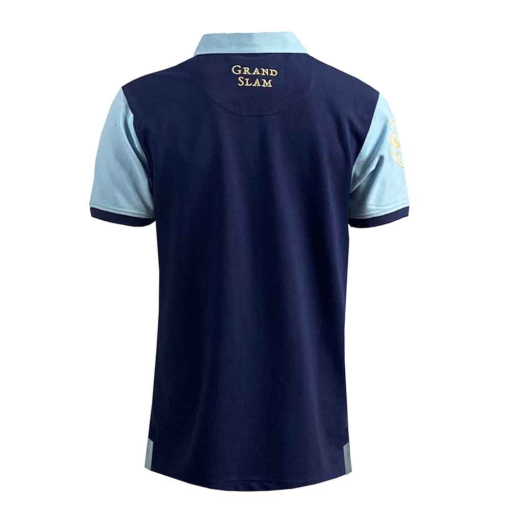 Polo rugby Scozia Vintage 1990 blu con inserti azzurri e logo sul retro.