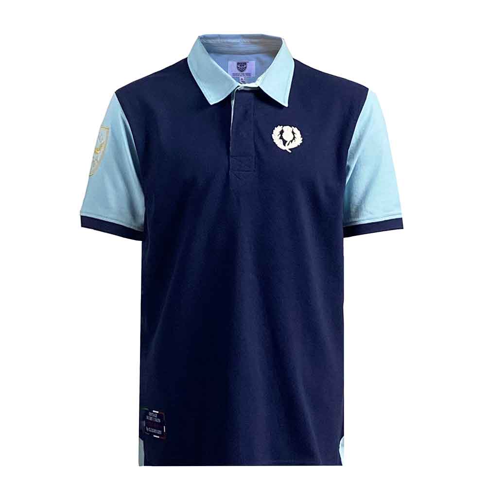 Polo da rugby Scozia vintage blu navy e azzurro, stile anni '90.