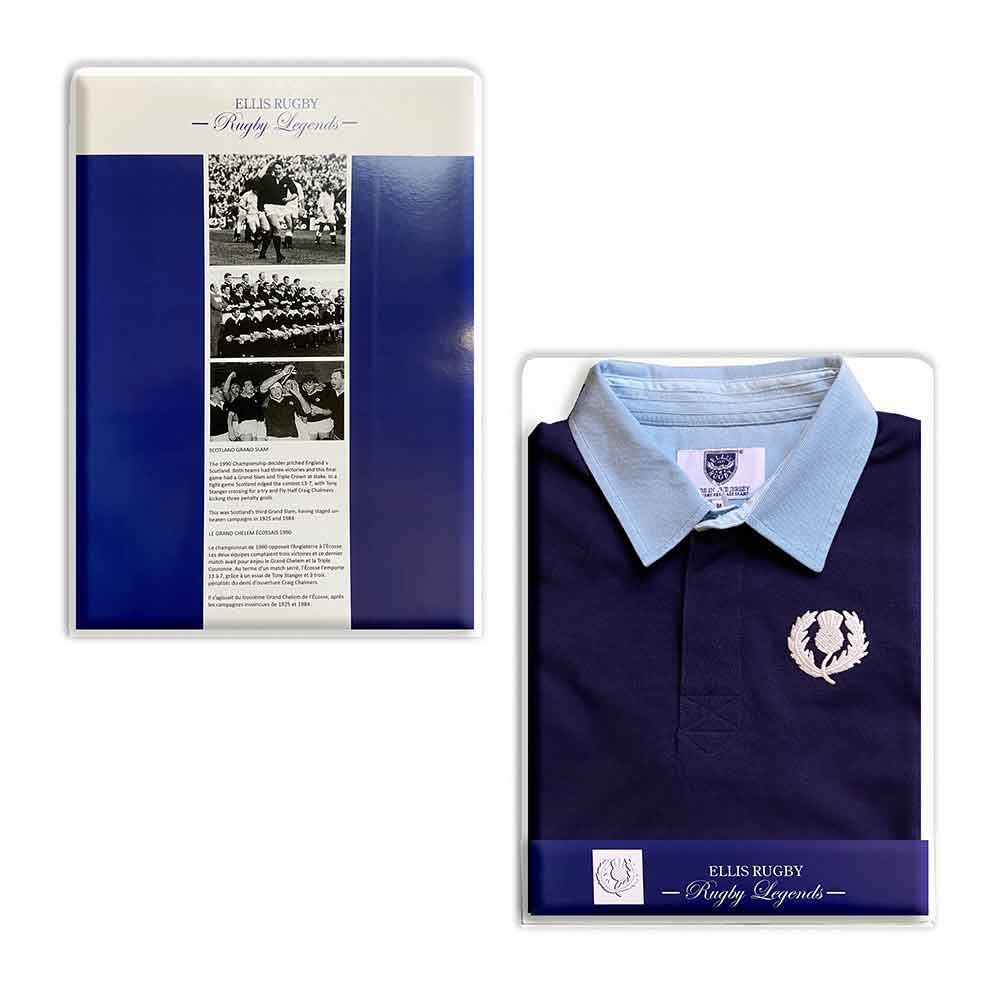 Polo rugby blu navy Ellis Rugby Scozia vintage 1990 con stemma ricamato.