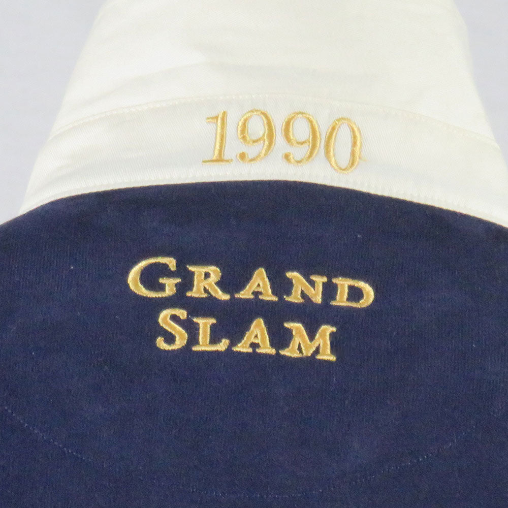 Maglia da rugby vintage della Scozia: maglia blu navy ricamata Grand Slam del 1990 con colletto bianco.