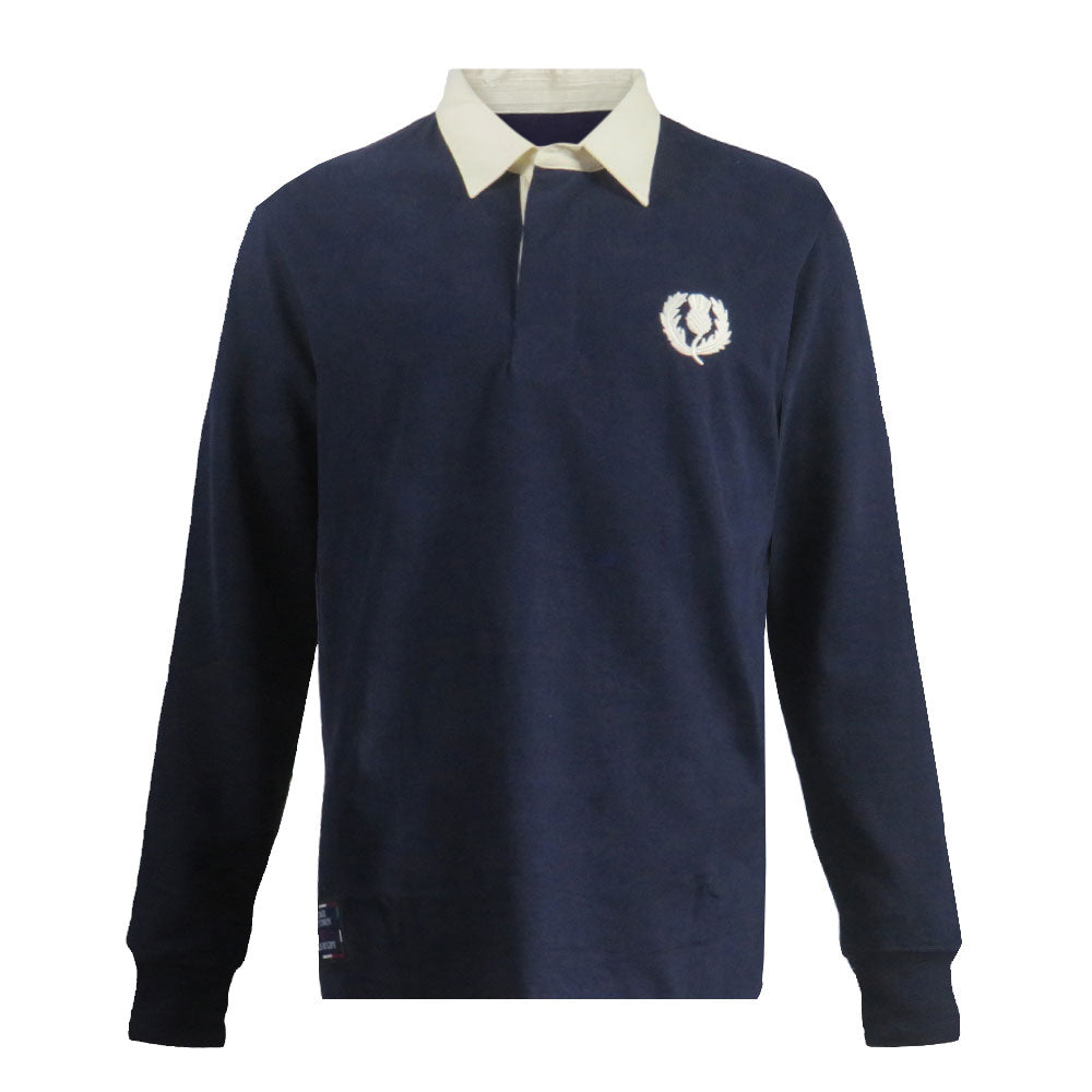 Maglia Rugby Scozia Vintage: Maglia da rugby a maniche lunghe blu navy con stemma del cardo bianco