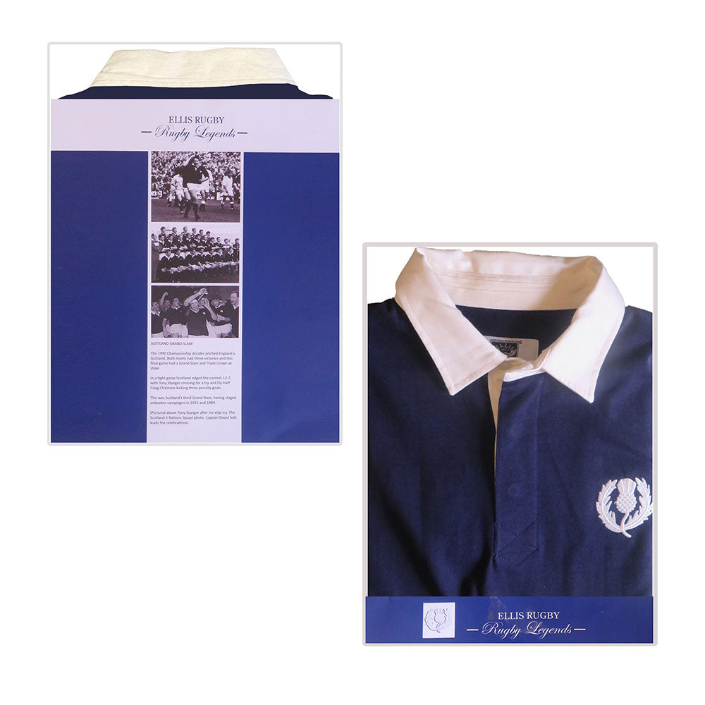 Maglia da rugby vintage della Scozia: maglia da rugby blu navy con colletto bianco e stemma del cardo scozzese. Parte della collezione Rugby Legends.