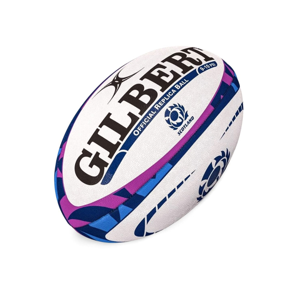 Replica ufficiale del pallone da rugby Gilbert Scotland: taglia 5, bianco con disegno blu e viola