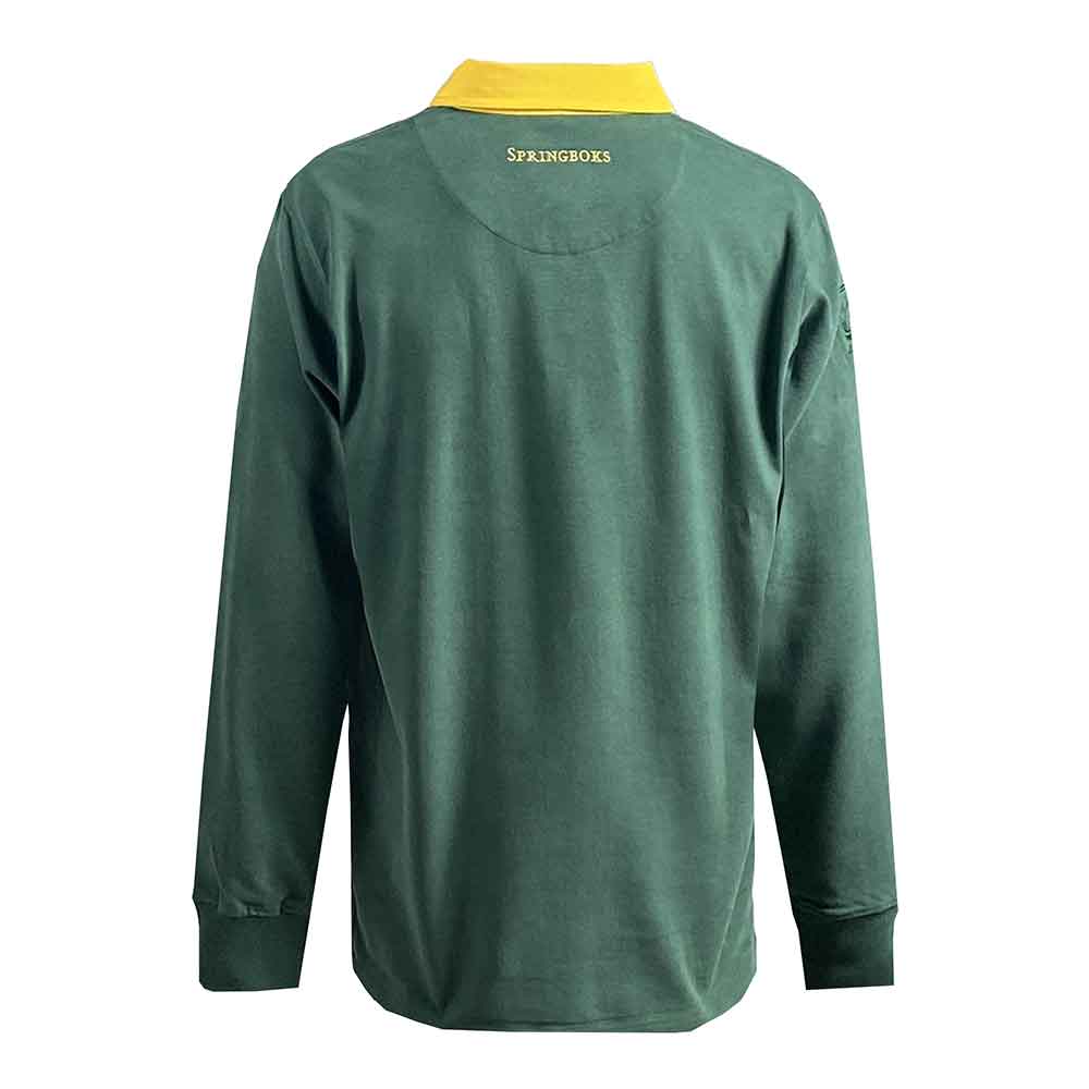Maglia Rugby Vintage Sud Africa: Maglia da rugby verde a maniche lunghe con colletto giallo, perfetta per i tifosi degli Springboks.