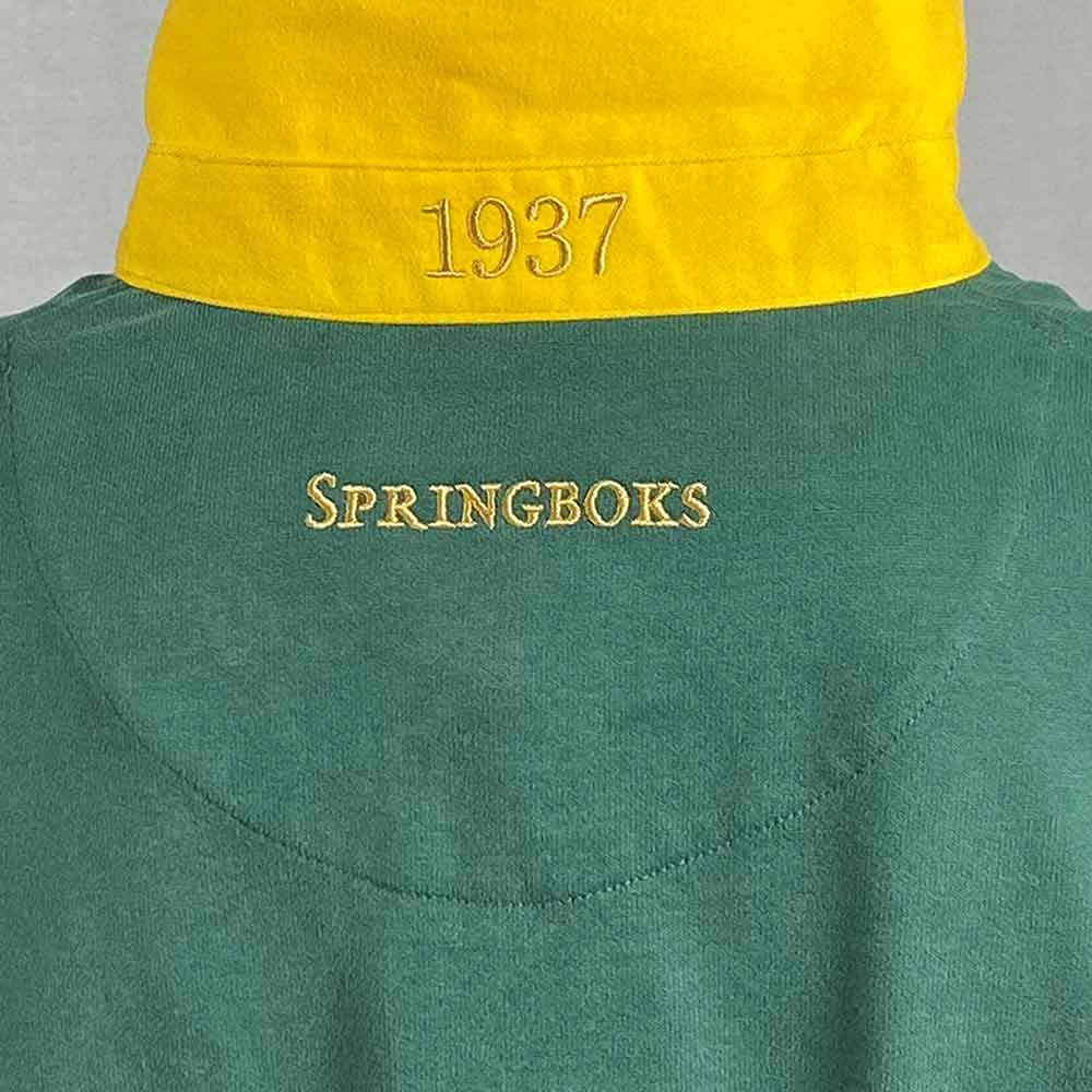 Maglia da rugby vintage dei South Africa Springboks: maglia da rugby verde con colletto dorato, ricamato "Springboks" e "1937