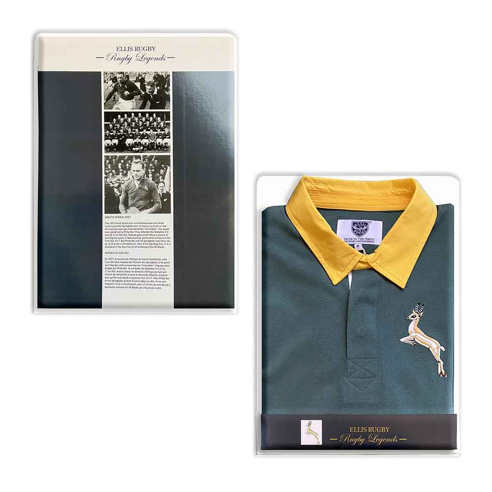 Maglia Rugby Vintage Sud Africa: Maglia da rugby verde e oro con stemma degli Springbok, presentata in una confezione con immagini storiche.