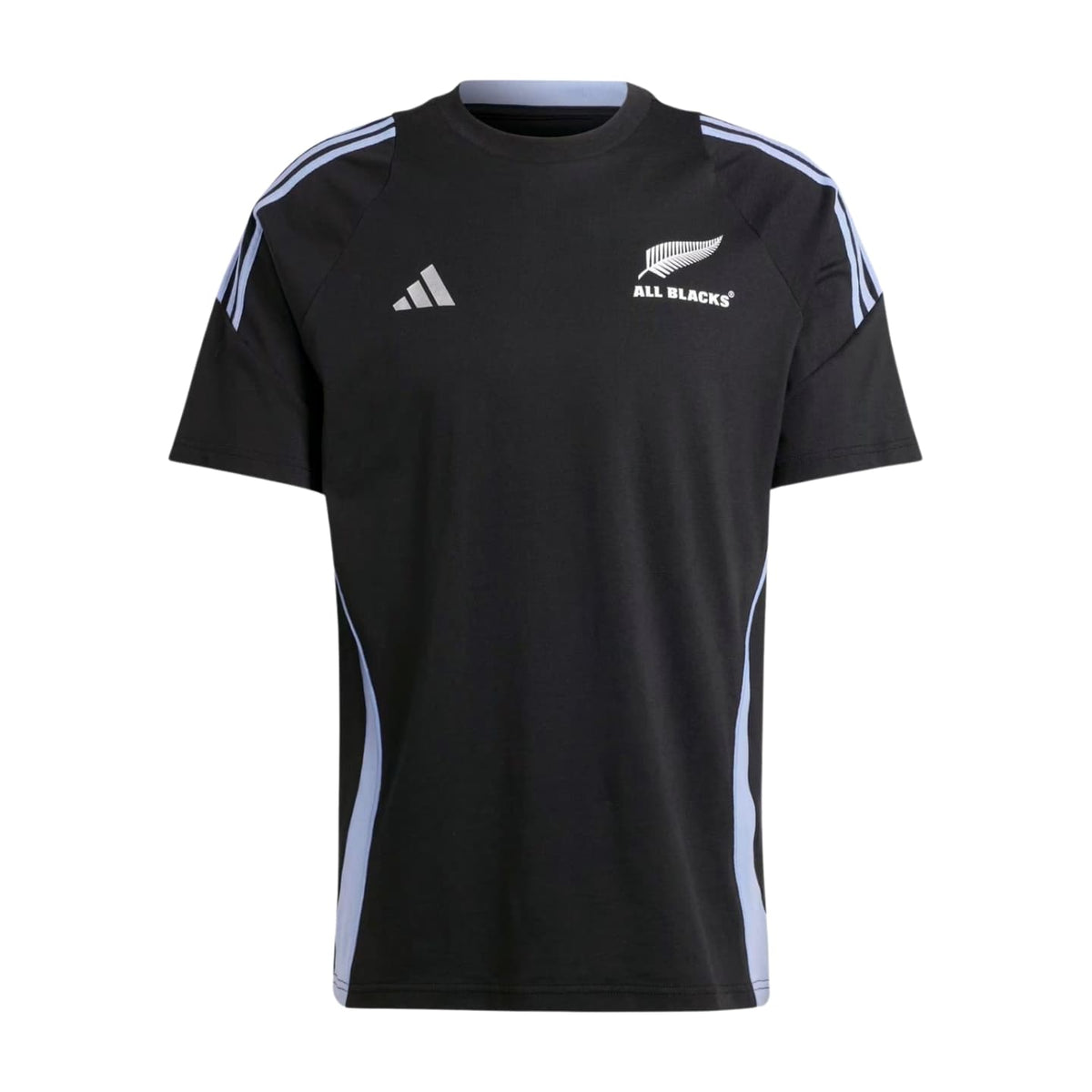 Maglietta All Blacks da uomo Adidas in cotone nero, logo bianco e dettagli azzurri.