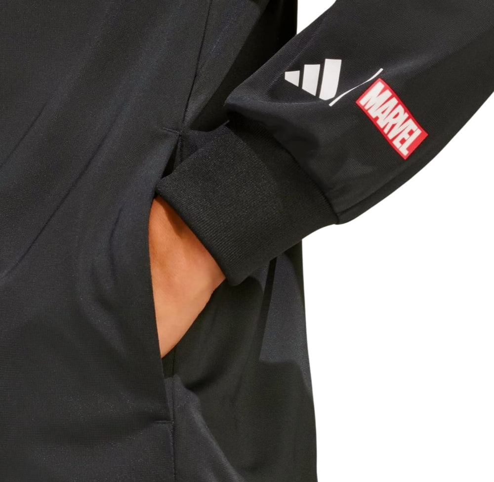 Giacchettino sportivo nero con logo Marvel e Adidas, poliestere.