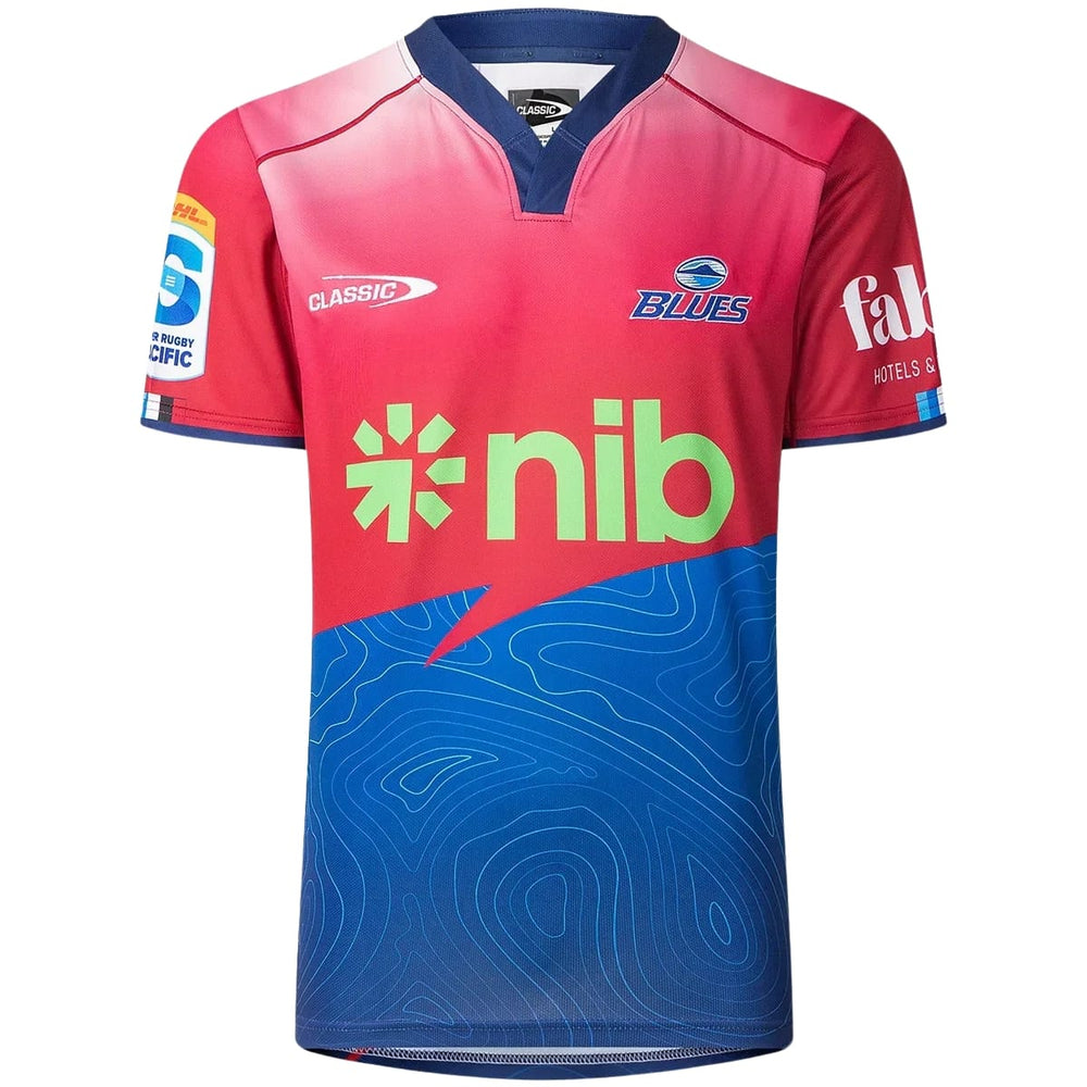 Maglia rugby Blues Super Rugby Pacific Home TR2 2025 da ragazzo, rossa e blu.