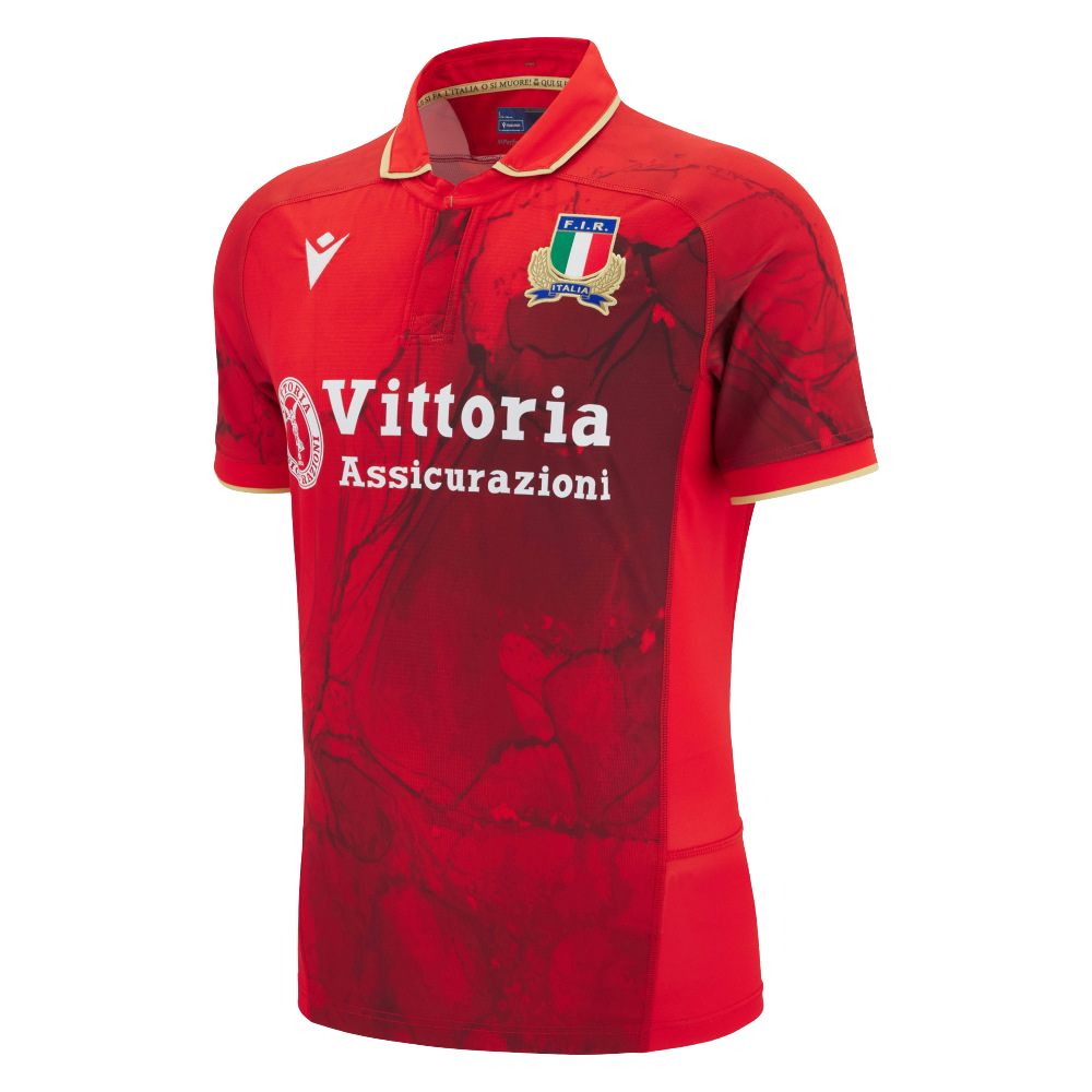 Maglia Rugby Italia Authentic Third 2026 rossa con stemma FIR e logo Macron.