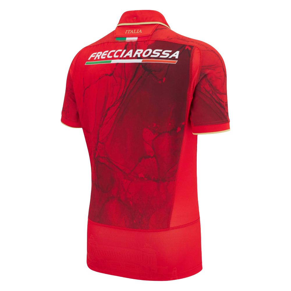 Maglia Rugby Italia Authentic Third 2026 rossa con stampa effetto marmo e logo Frecciarossa.