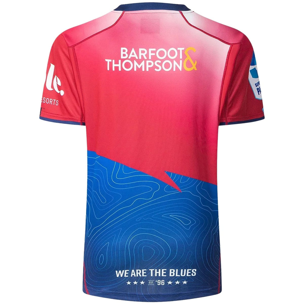 Maglia Rugby Blues Super Rugby Pacific Home TR2 2025 da ragazzo, rossa e blu con logo Barfoot Thompson.