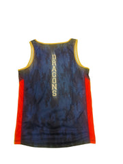Canottiera da allenamento rugby Dragons Catalans blu e arancione con scritta verticale.