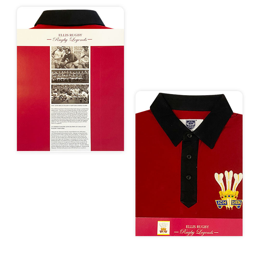 Polo rugby Ellis Rugby rosso vintage 1976 Galles con stemma ricamato.