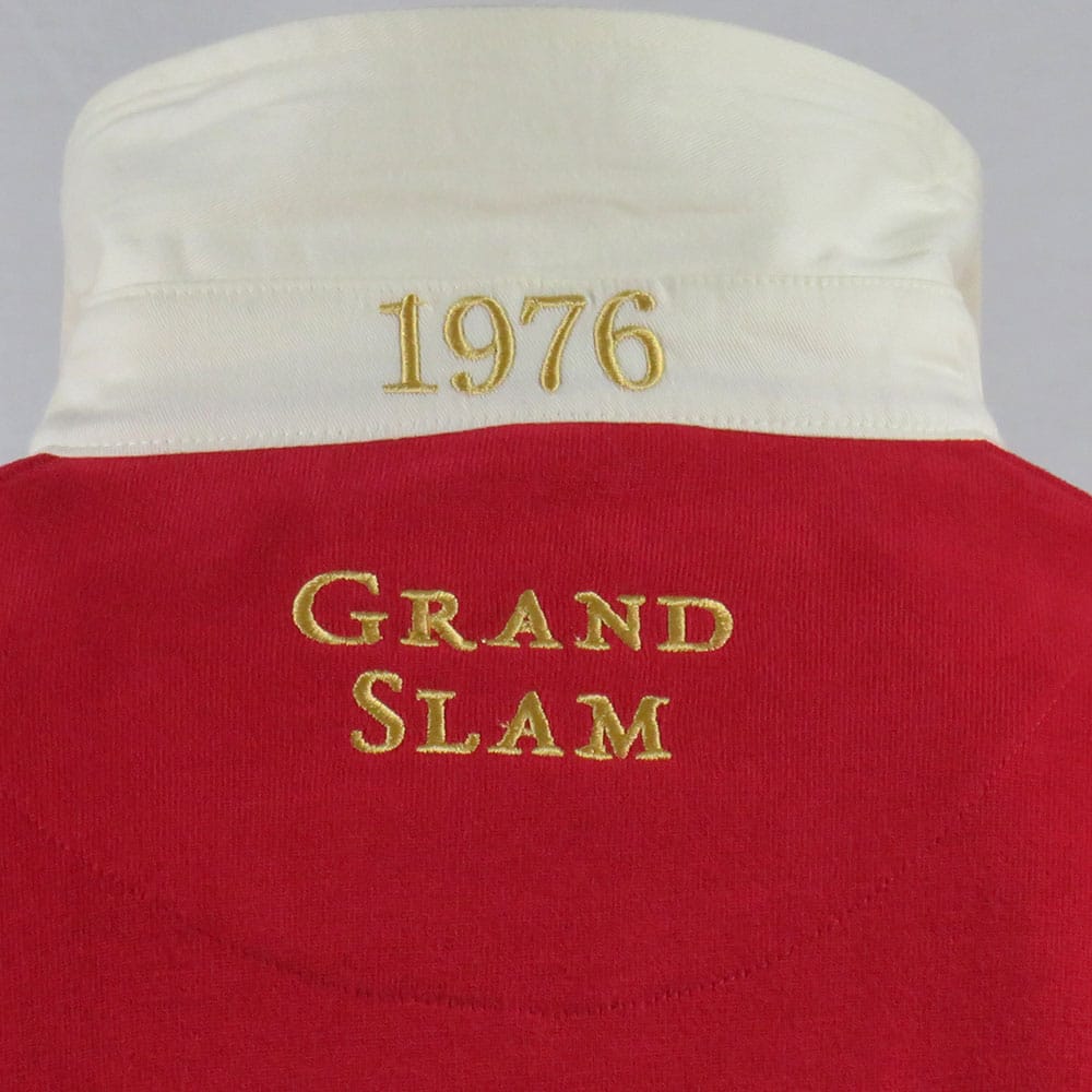 Maglia da rugby vintage del Galles: maglia commemorativa del Grande Slam del 1976, rossa con ricami dorati.