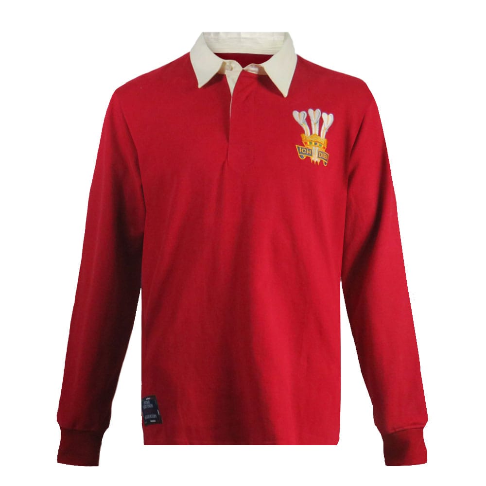 Maglia da rugby vintage del Galles: maglia da rugby rossa a maniche lunghe con stemma del drago gallese ricamato.