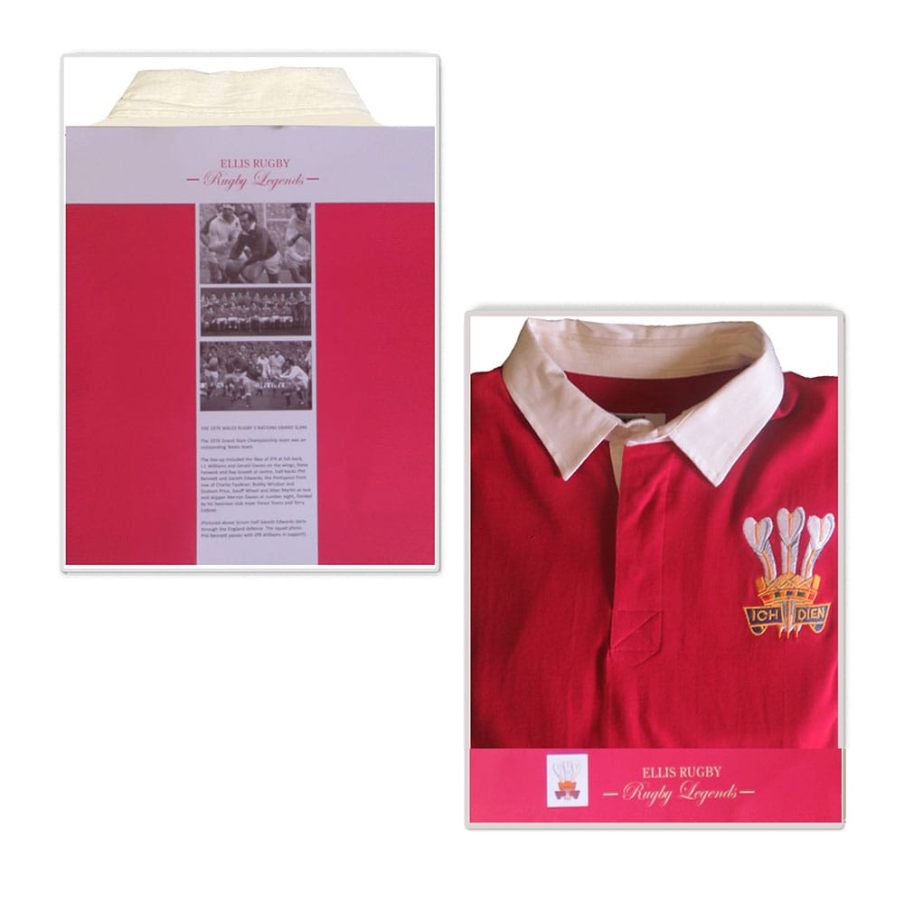 Maglia da rugby vintage del Galles: maglia da rugby rossa con stemma ricamato, presentata in una scatola con foto storiche e dettagli. Maglia Rugby Galles Vintage.