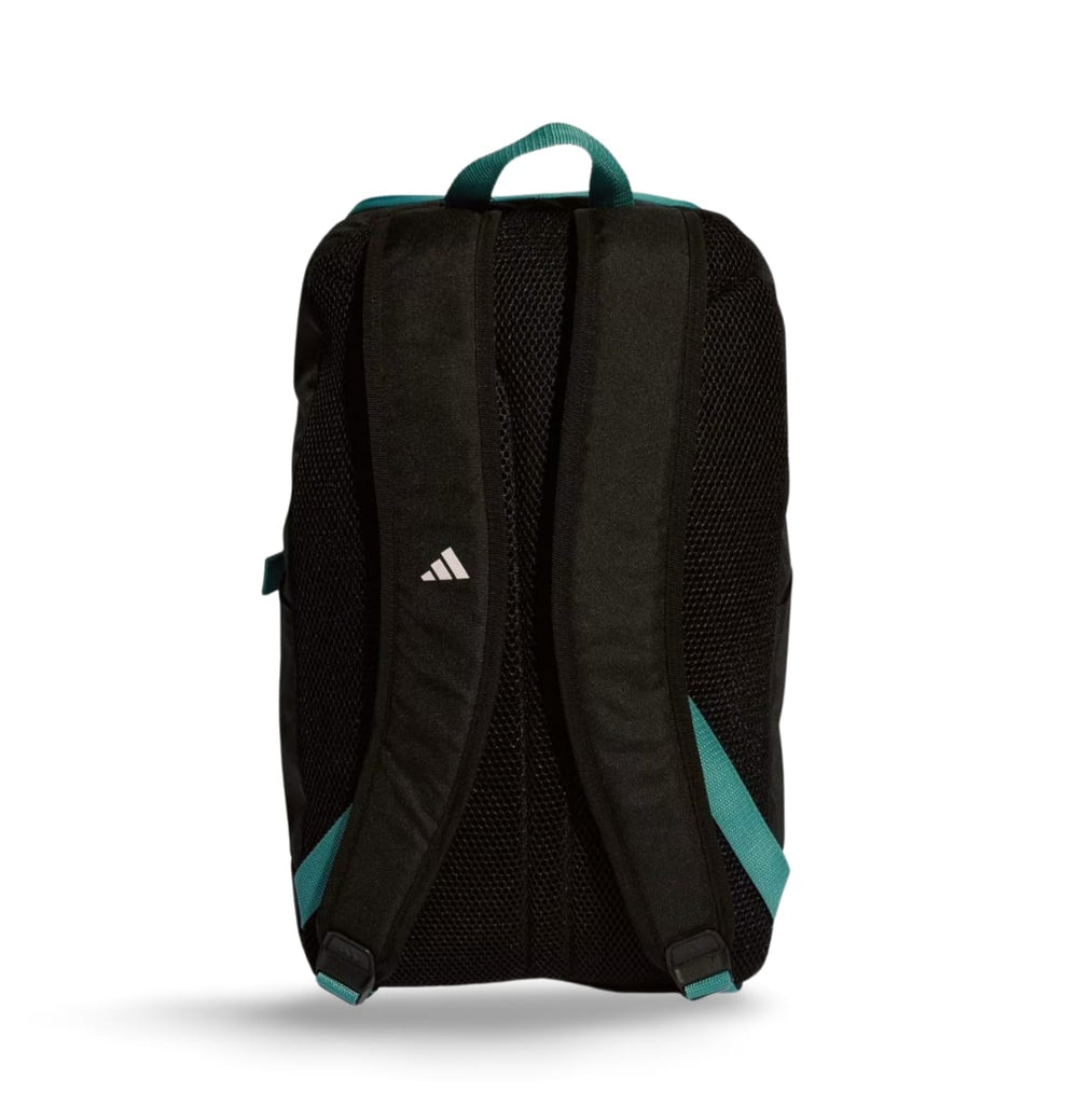 Zaino Adidas Ufficiale All Blacks nero con dettagli verde acqua.