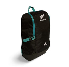 Zaino nero ufficiale All Blacks Adidas con logo e dettagli turchesi.