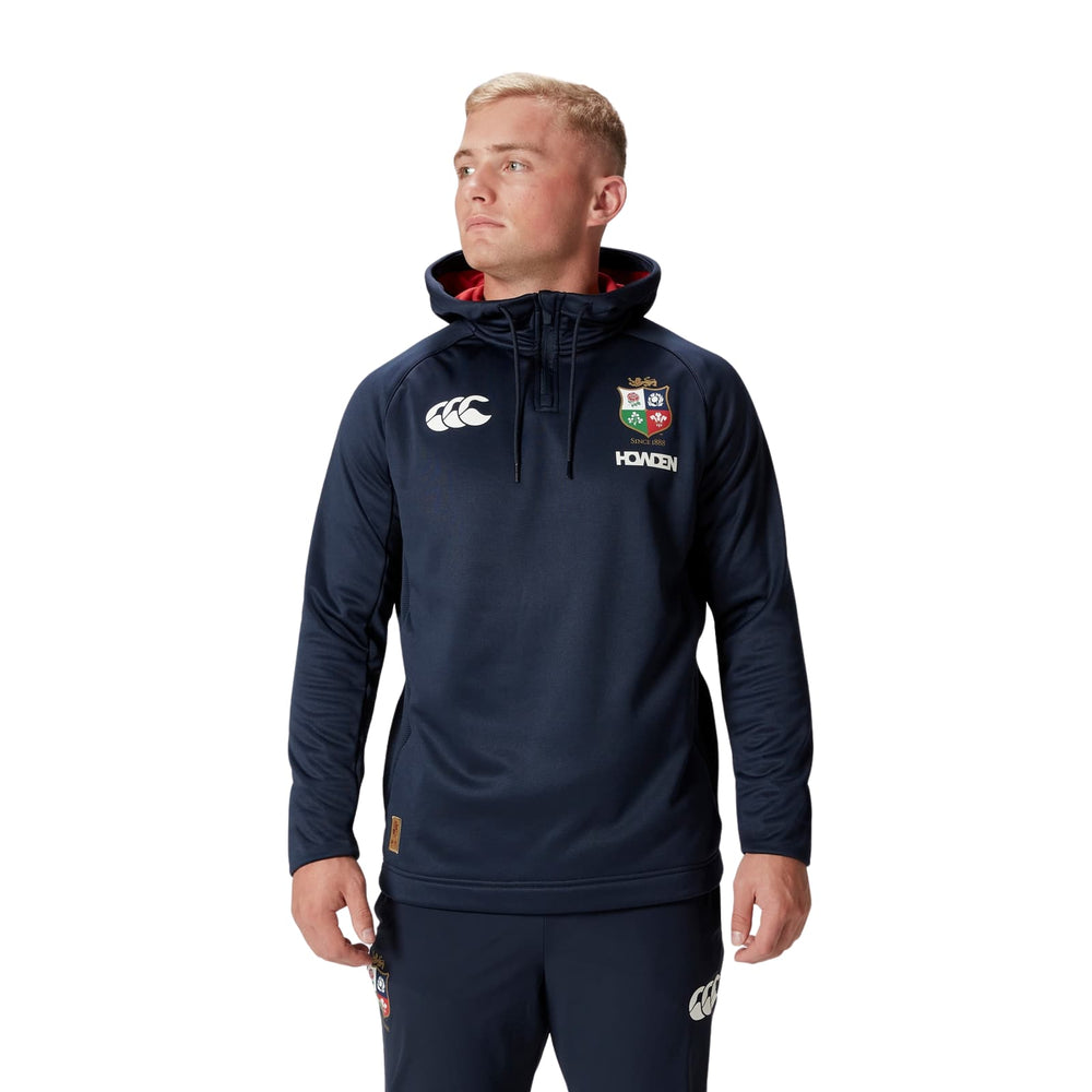 Felpa rugby blu con mezza zip e cappuccio British & Irish Lions, logo Canterbury.