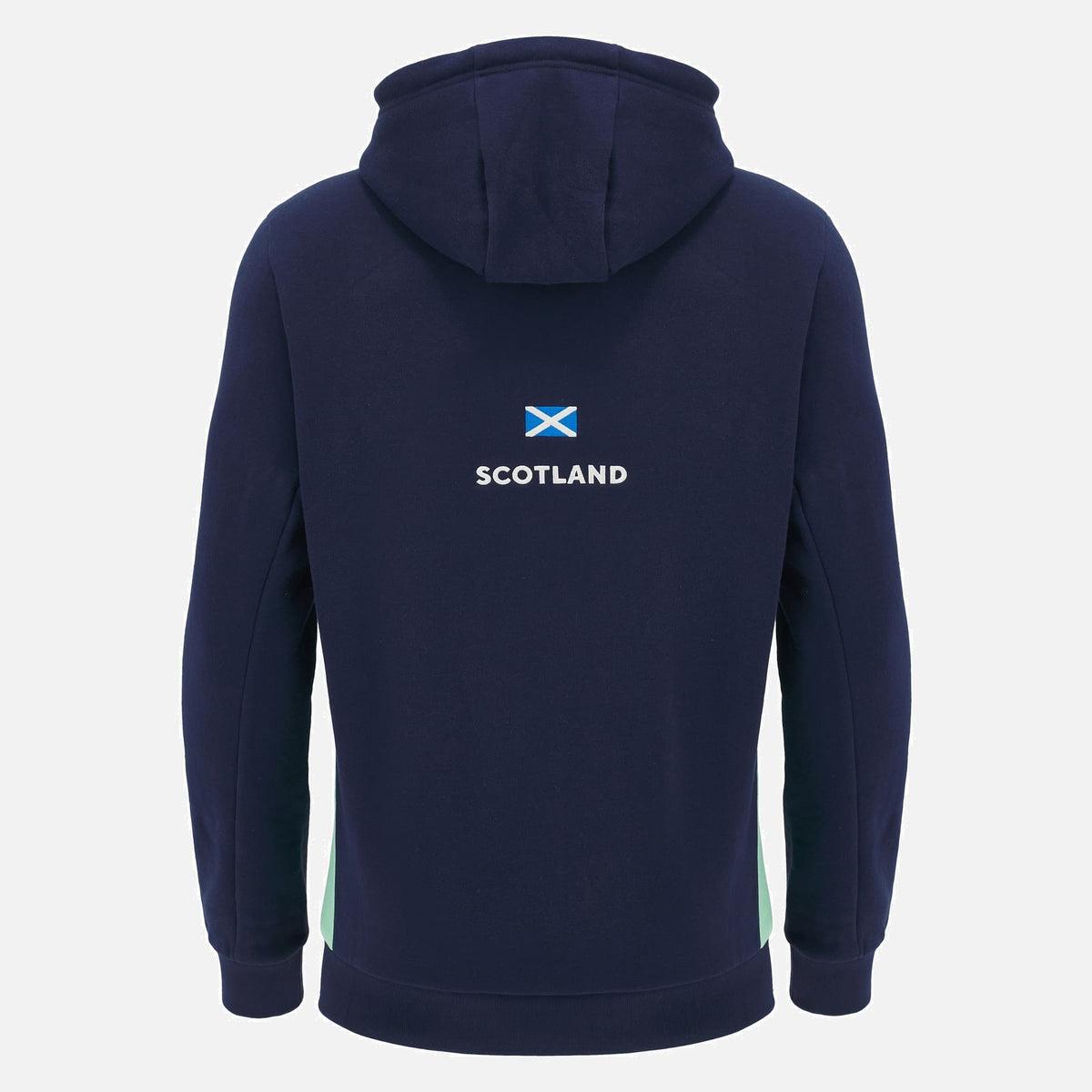 Felpa con cappuccio Scotland Rugby Travel 2025: felpa invernale blu navy con pannelli laterali verdi, perfetta per i tifosi di rugby della Scozia.