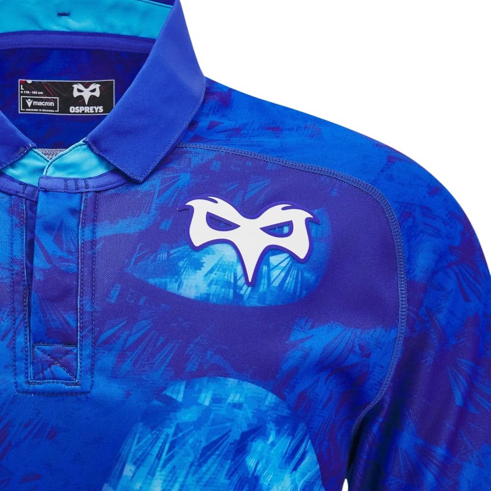 Maglia Rugby Ospreys 2025 Euro: Maglia da rugby blu con motivo unico, logo Ospreys