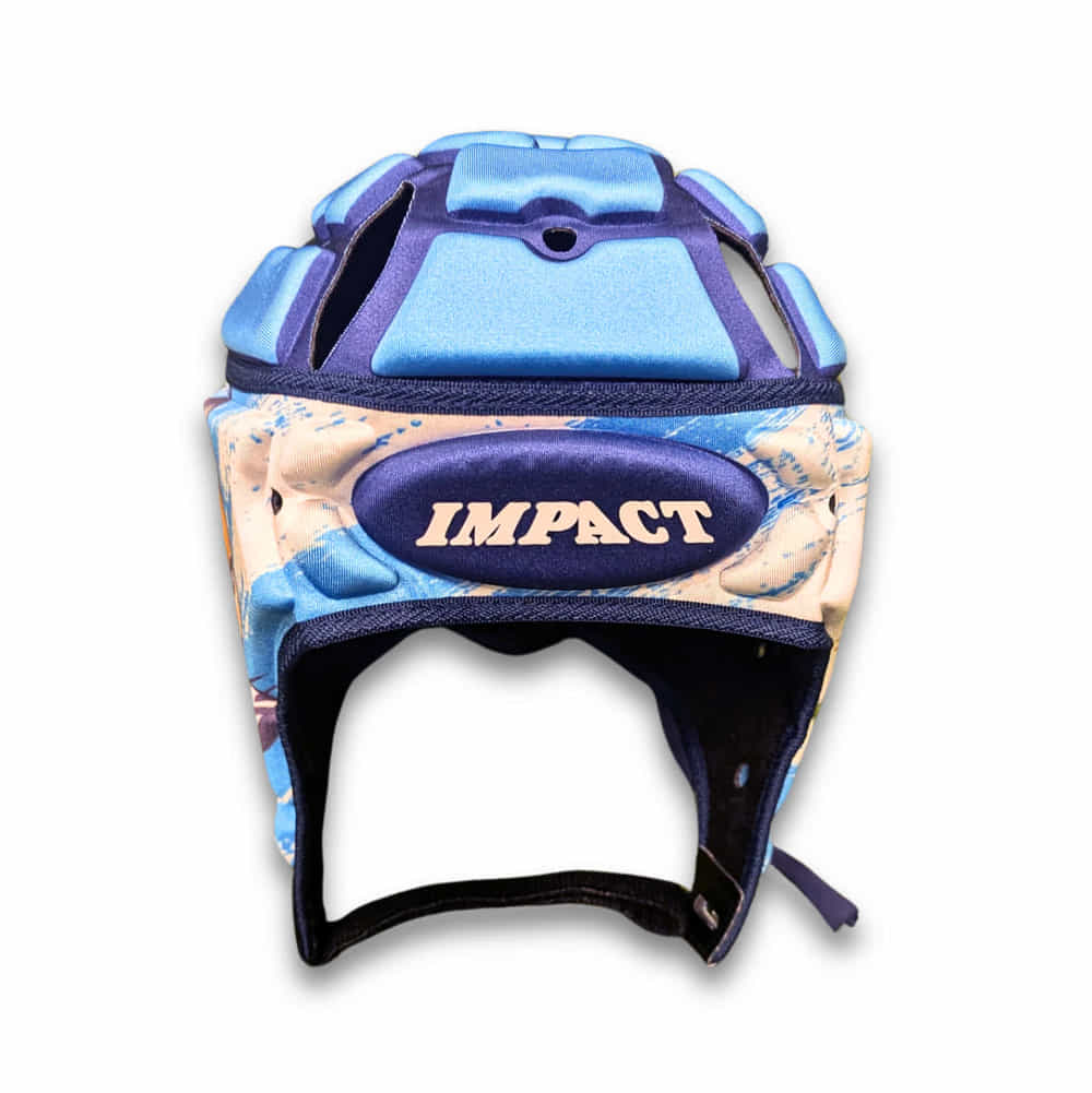 Caschetto da rugby Impact Vamos Pumas blu con stampa astratta e logo.
