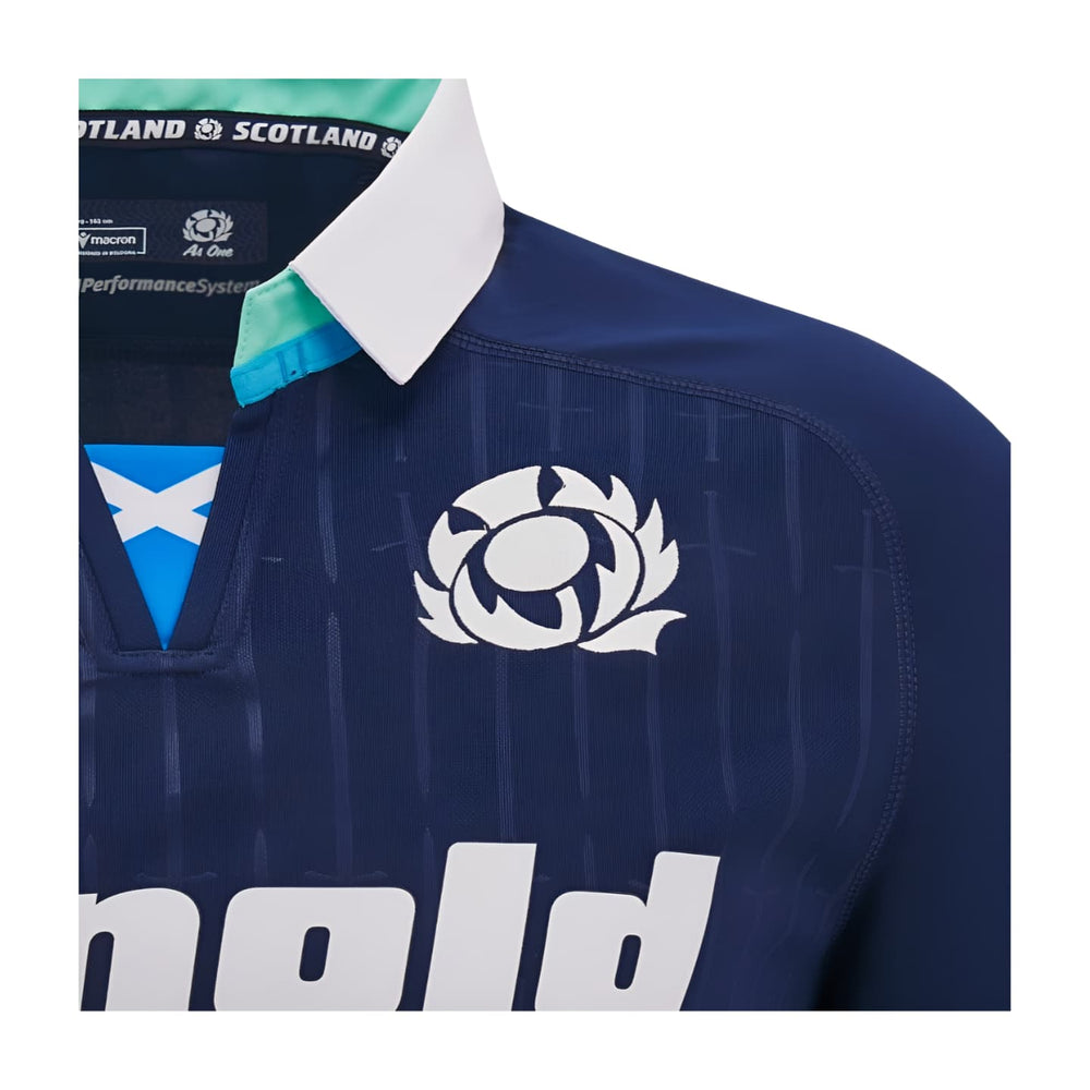 Maglia casalinga della nazionale scozzese di rugby 2025: divisa ufficiale da gioco Pro, blu scuro con stemma del cardo bianco e logo "HOLD".