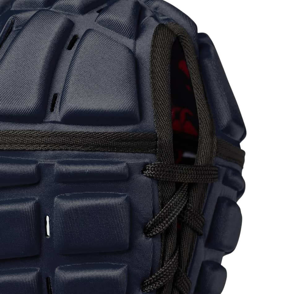 Caschetto da rugby Canterbury RAZE blu per bambino, dettaglio chiusura con lacci.