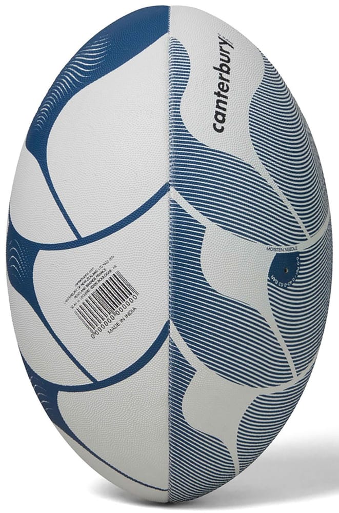 Pallone da rugby Canterbury Thrillseeker: design bianco-azzurro. Perfetto per allenamenti e partite.