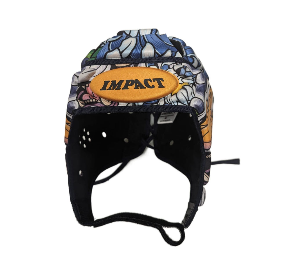 Caschetto da rugby Impact con stampa floreale e logo arancione.