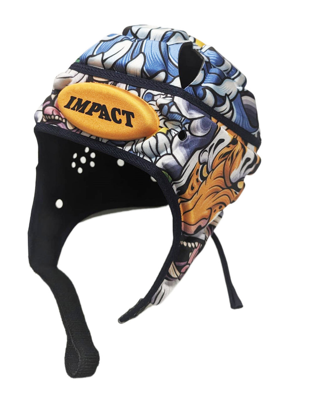 Caschetto da rugby Impact con design a tigre e scritta "IMPACT" su patch arancione.