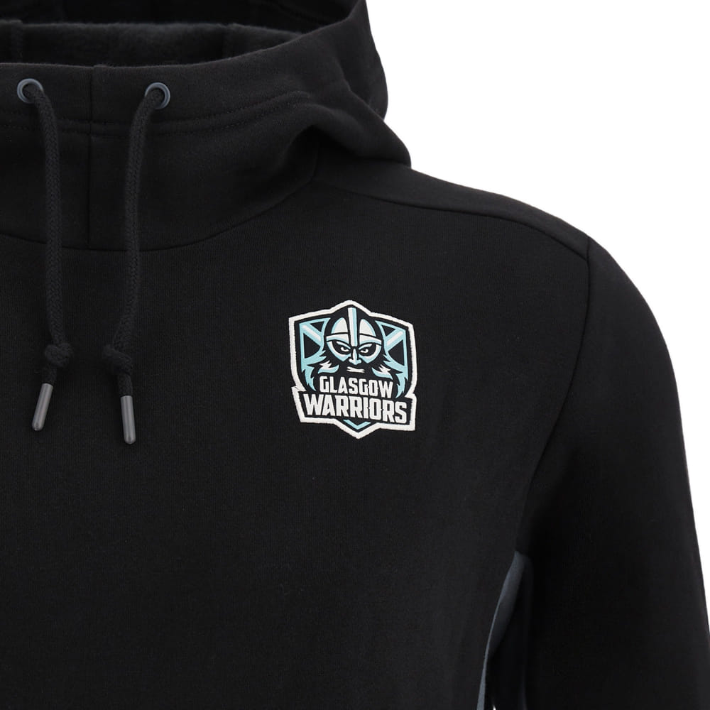 Felpa nera da viaggio rugby Glasgow Warriors 2023 con logo a scudo.