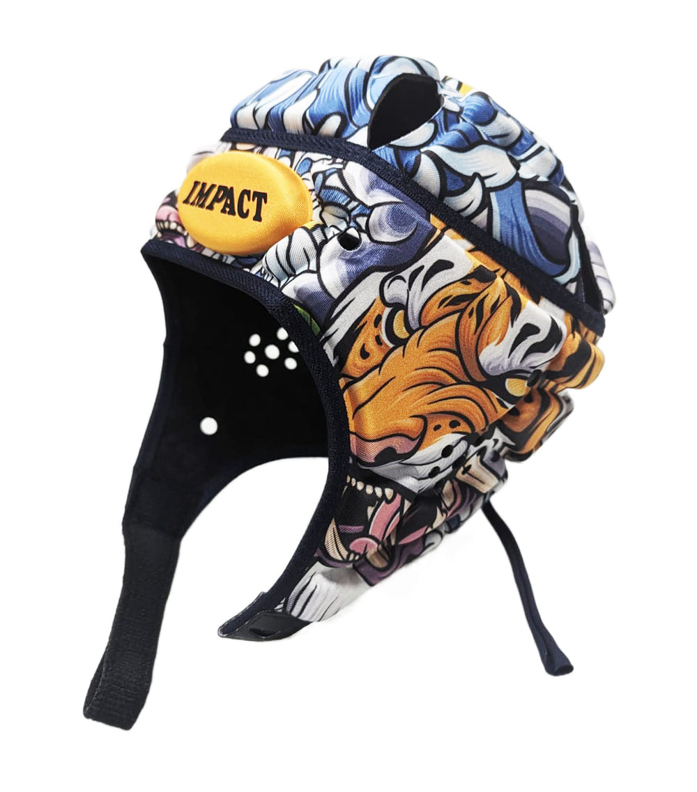 Caschetto da rugby Impact con design tiger e logo giallo.