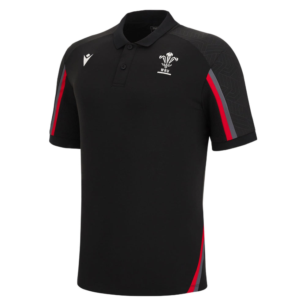 Polo da rugby nera del Galles: polo da viaggio ufficiale WRU 2023, in poliestere, con dettagli rossi e grigi.