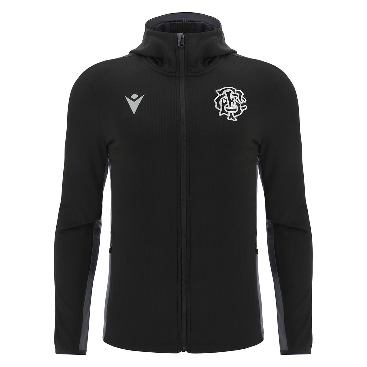 Felpa da rugby Barbarians nera con zip lunga e cappuccio, logo bianco sul petto.