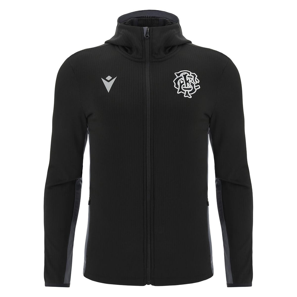 Felpa da rugby Barbarians nera con zip lunga e cappuccio, logo bianco sul petto.